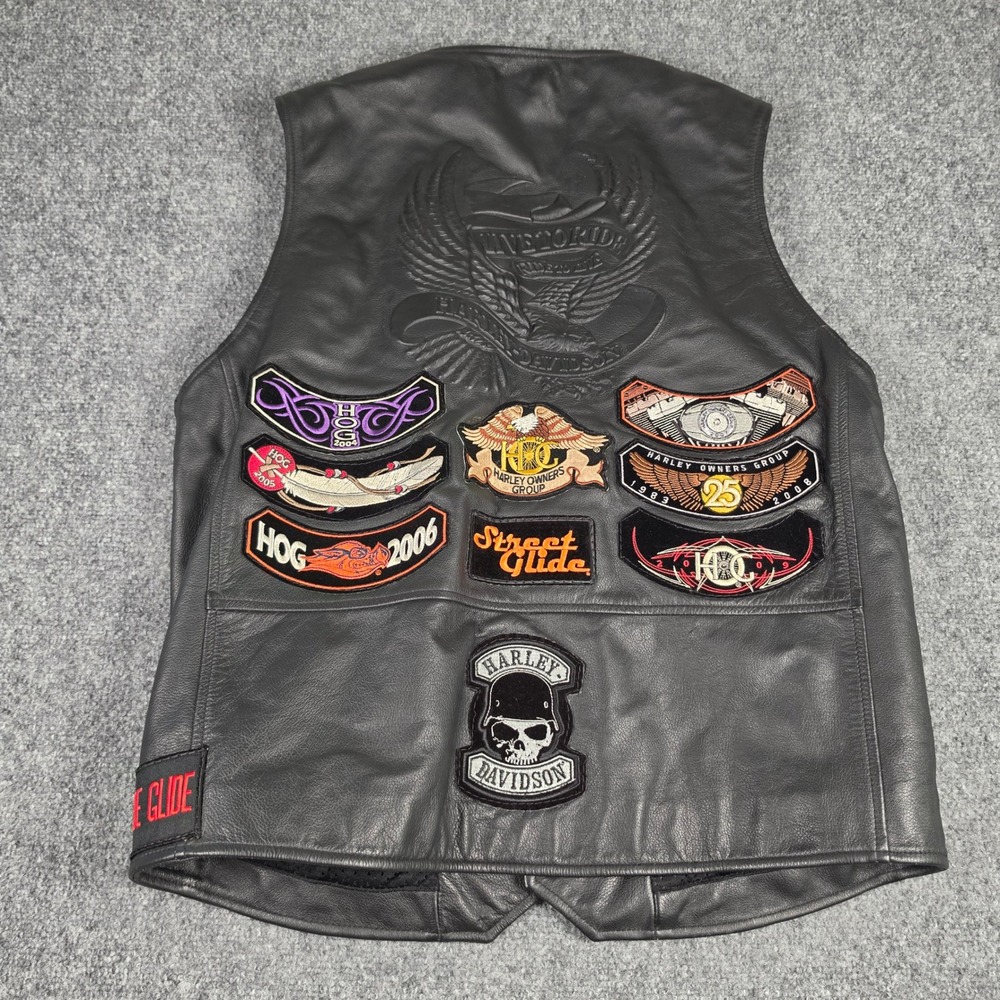 Harley Davidson Leather Vest Mens L Black HOG Patched Motorcycle Biker Eagle